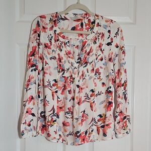 Lucky Brand Cream Pink & Navy Floral Print Blouse Size Small